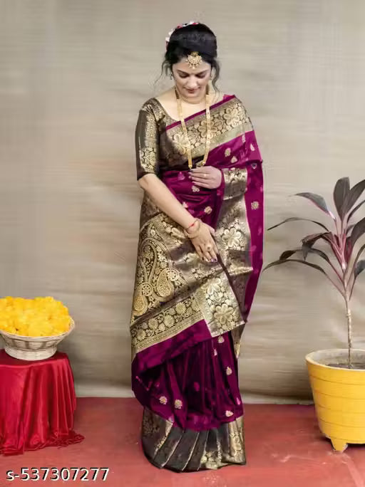 Kanjivaram Soft Banarasi Saree With Blouse Piece Wine