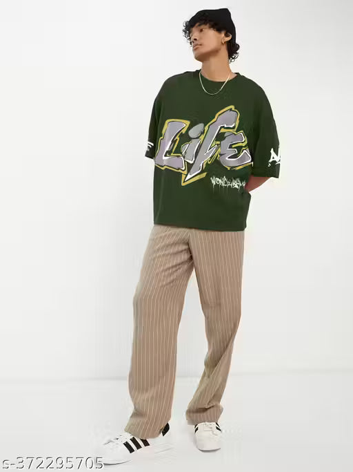 Men's Typography Loose Round Olive Tshirt