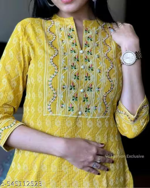 Trendy Fasionable Yellow Cotton Embroidered Kurti
