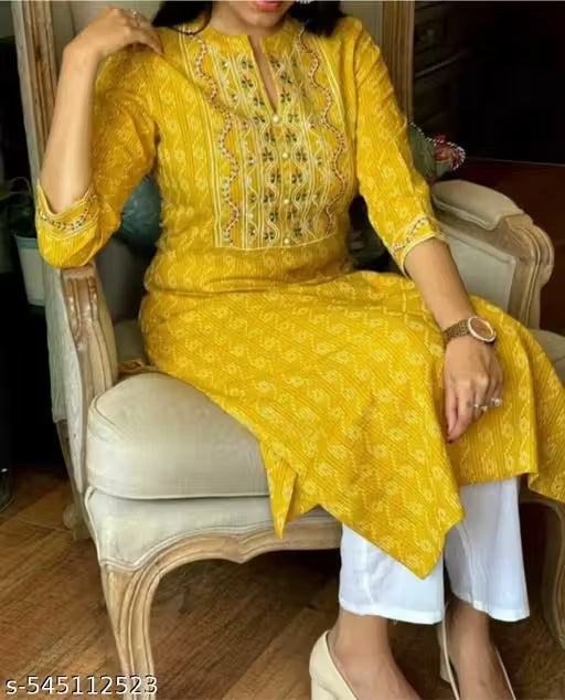 Trendy Fasionable Yellow Cotton Embroidered Kurti