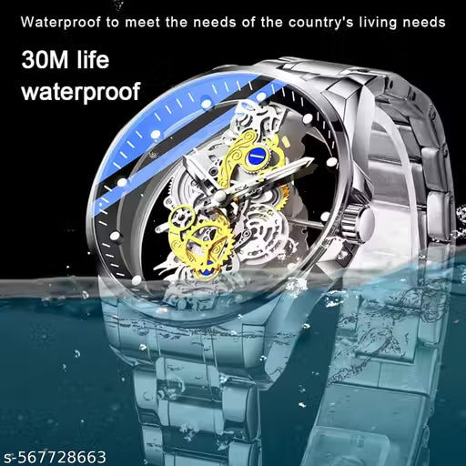 Skeleton Quartz Analog Watch Stainless Steel Waterproof Watches For Men? Built-In Battery Powered Clear Cover Watches For Men, A4281-Silver