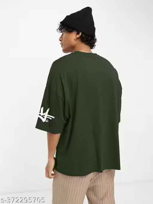 Men's Typography Loose Round Olive Tshirt