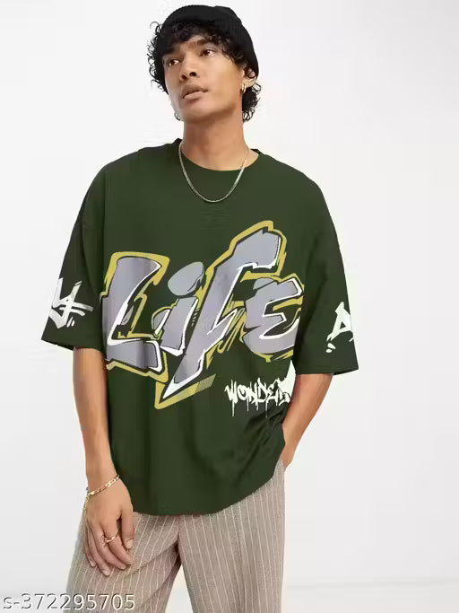 Men's Typography Loose Round Olive Tshirt