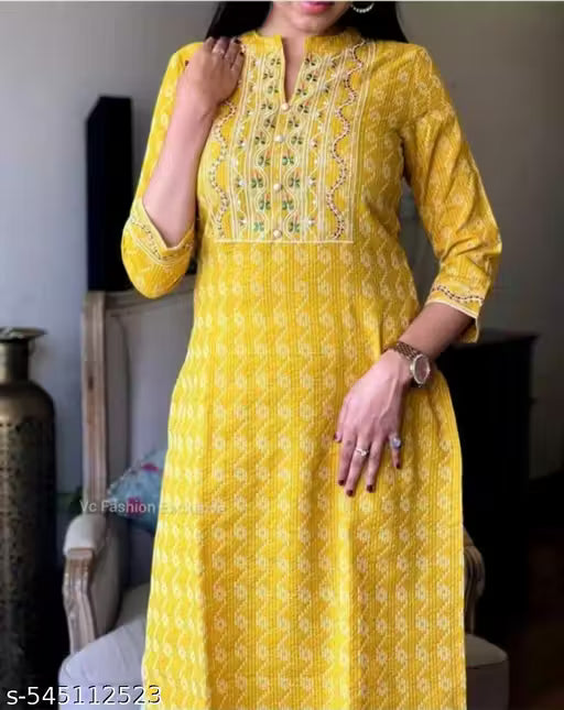 Trendy Fasionable Yellow Cotton Embroidered Kurti