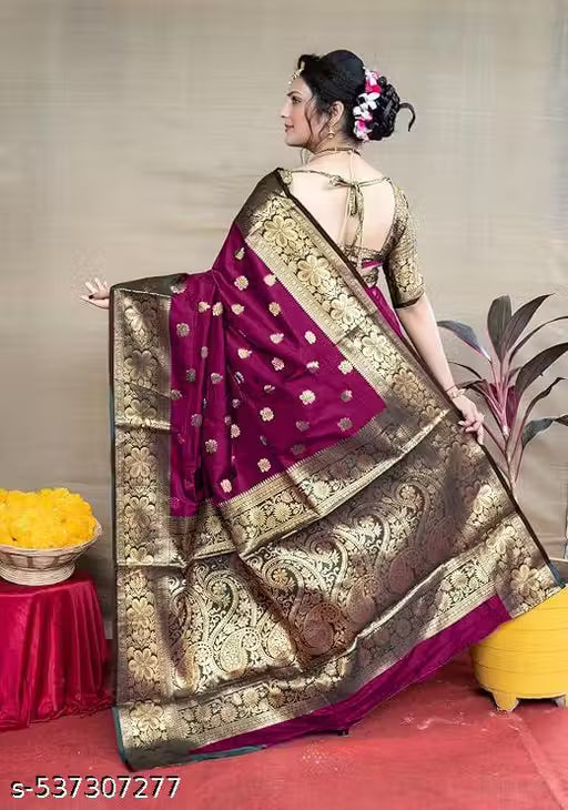 Kanjivaram Soft Banarasi  Saree With Blouse Piece Wine