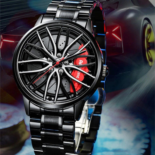 Rolling Series Men’s Analog Watch Open Dial Watch – Car Wheel-Inspired Design, Hollow Out Elegance Casual Watch for Men | Red