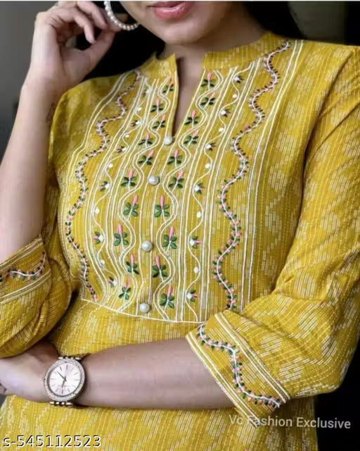 Trendy Fasionable Yellow Cotton Embroidered Kurti