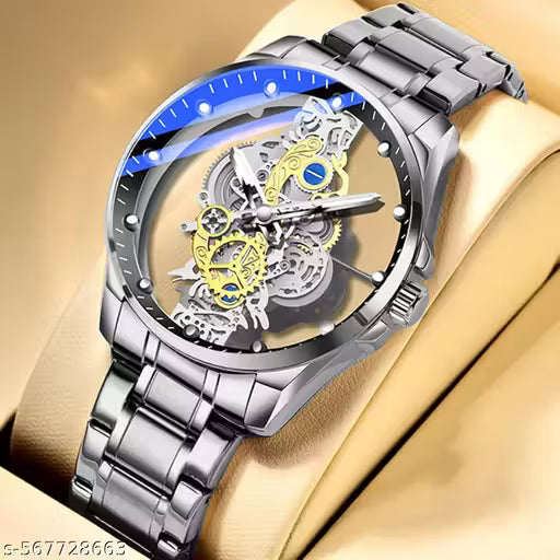 Skeleton Quartz Analog Watch Stainless Steel Waterproof Watches For Men? Built-In Battery Powered Clear Cover Watches For Men, A4281-Silver
